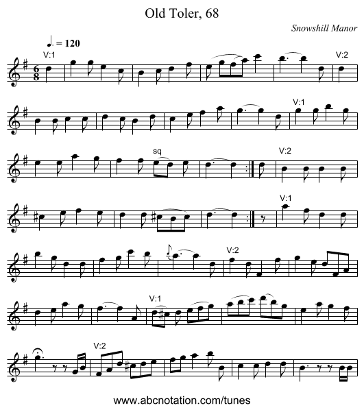 Old Toler, 68 - staff notation