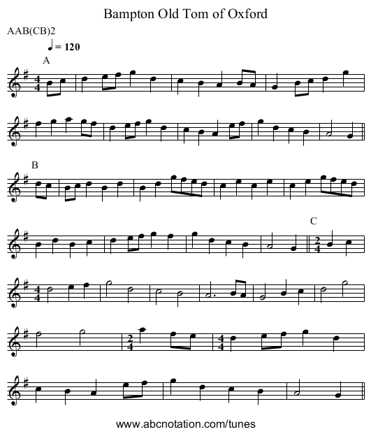 Old Tom of Oxford, Bampton - staff notation