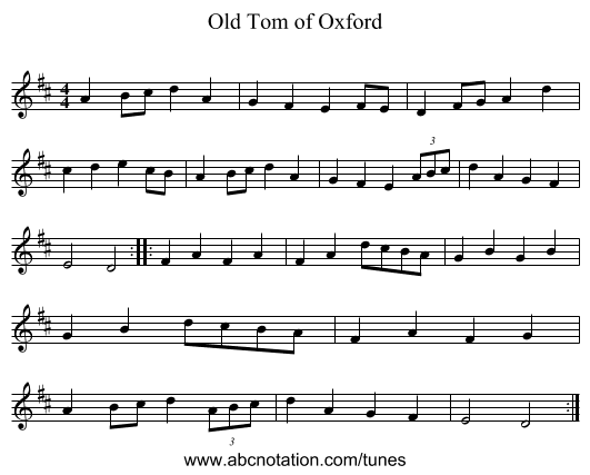 Old Tom of Oxford - staff notation