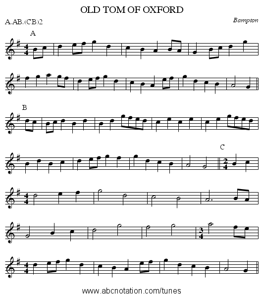 OLD TOM OF OXFORD - staff notation
