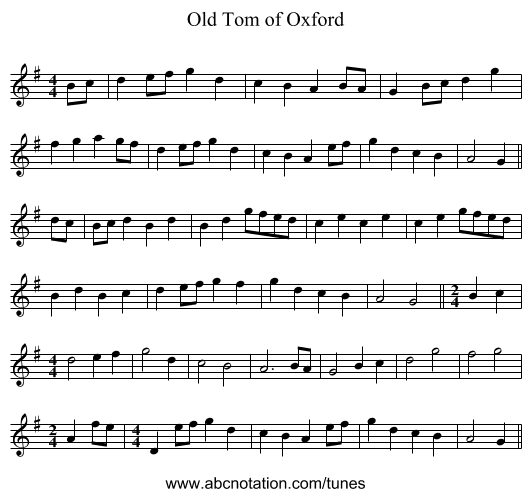 Old Tom of Oxford - staff notation