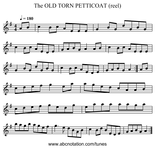OLD TORN PETTICOAT (reel), The - staff notation