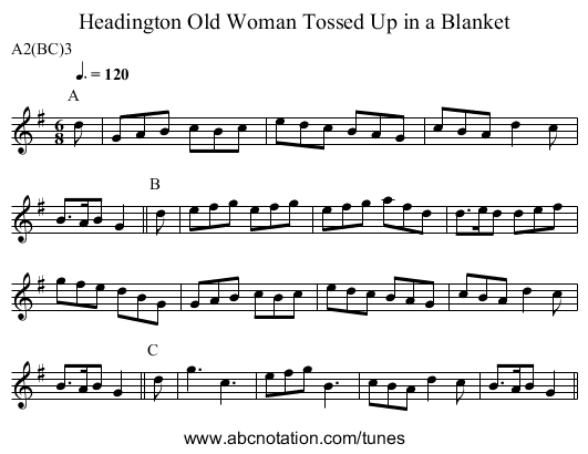 Old Woman Tossed Up in a Blanket, Headington - staff notation