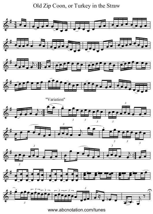 Old Zip Coon, or Turkey in the Straw - staff notation