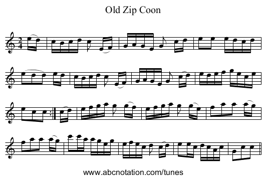 Old Zip Coon - staff notation