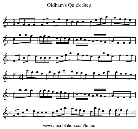 Oldham's Quick Step - staff notation