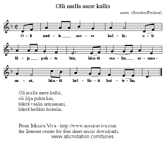Olli mulla aarre kallis - staff notation