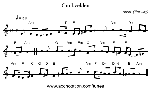 Om kvelden - staff notation