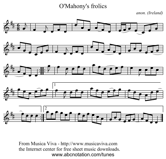O'Mahony's frolics - staff notation