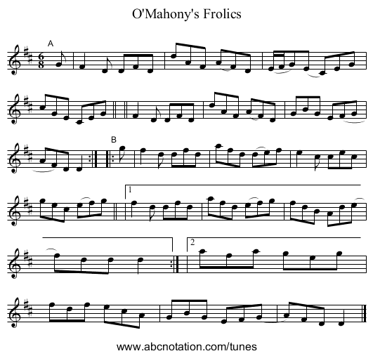 O'Mahony's Frolics - staff notation