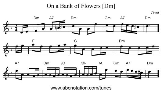 On a Bank of Flowers [Dm] - staff notation