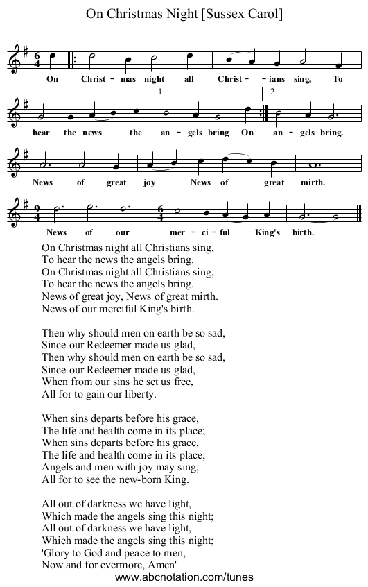 On Christmas Night [Sussex Carol] - staff notation