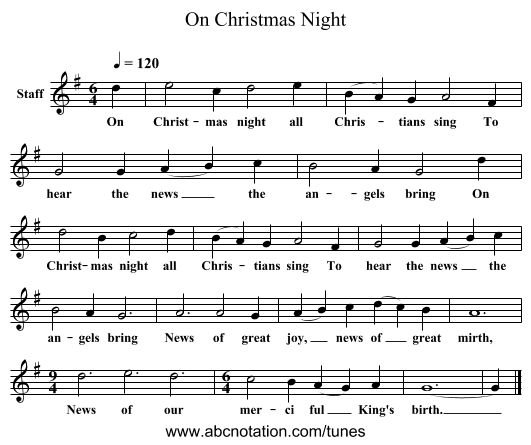On Christmas Night - staff notation
