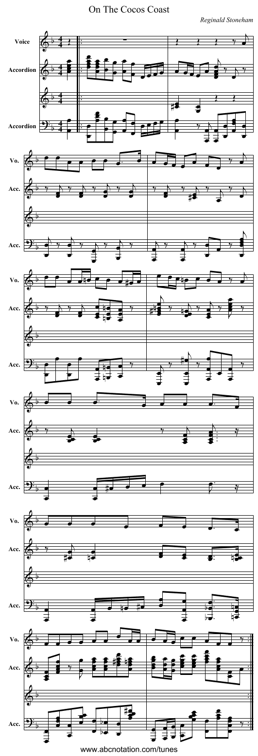 On The Cocos Coast - staff notation