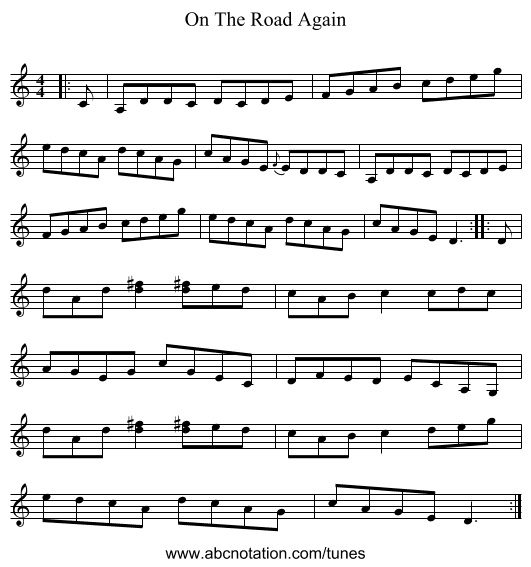 On The Road Again - staff notation