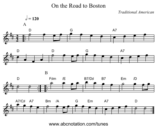 On the Road to Boston - staff notation