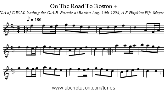 On The Road To Boston + - staff notation