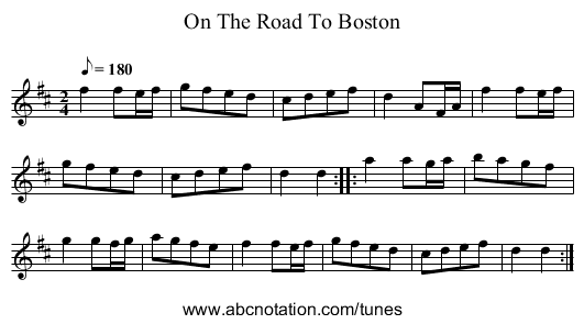 On The Road To Boston - staff notation