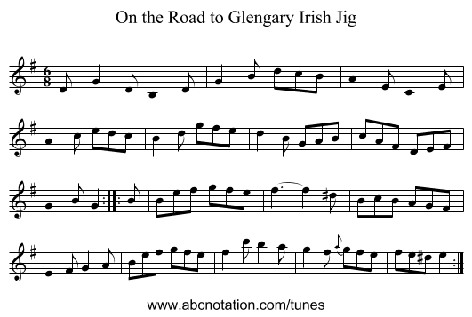 On the Road to Glengary Irish Jig - staff notation