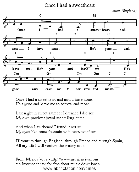 Once I had a sweetheart - staff notation