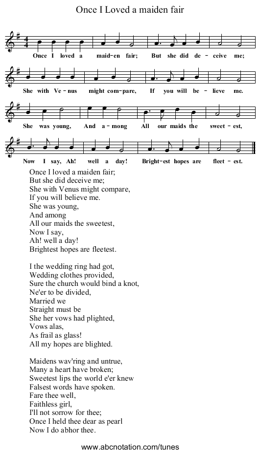 Once I Loved a maiden fair - staff notation