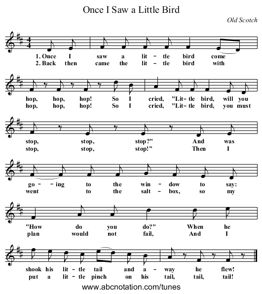 Once I Saw a Little Bird - staff notation