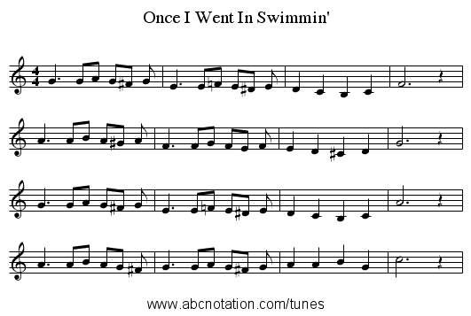 Once I Went In Swimmin' - staff notation