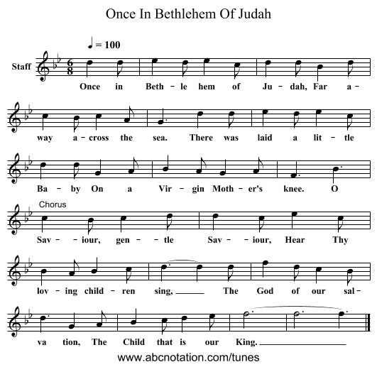 Once In Bethlehem Of Judah - staff notation