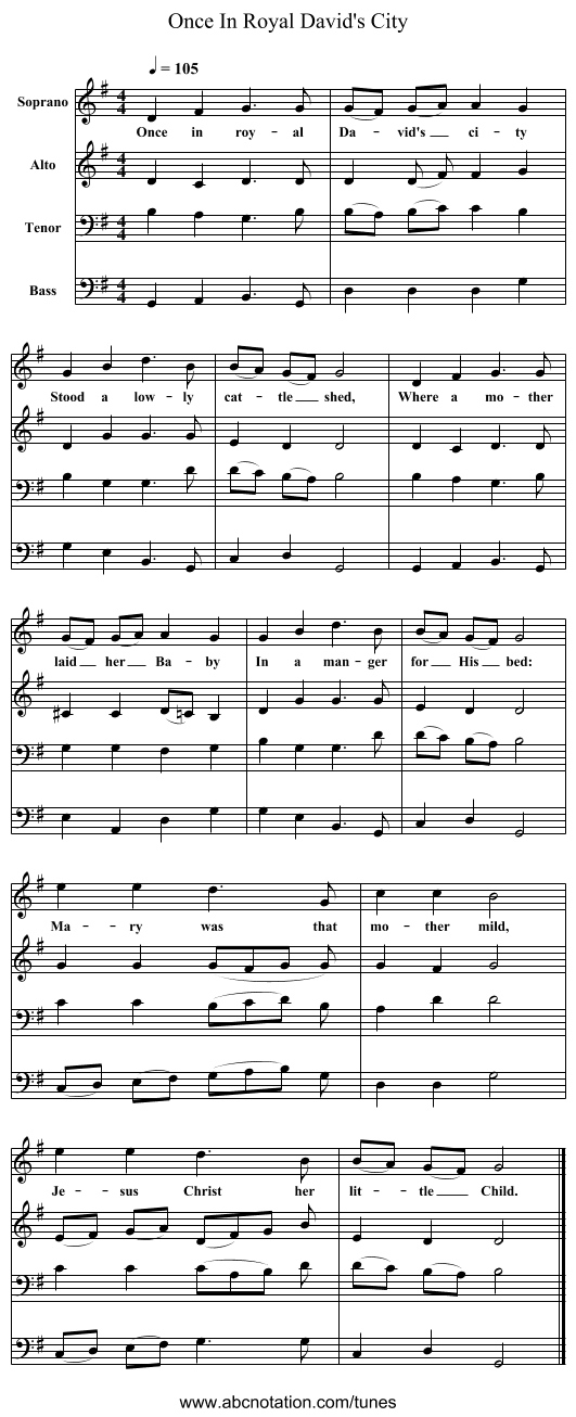 Once In Royal David's City - staff notation