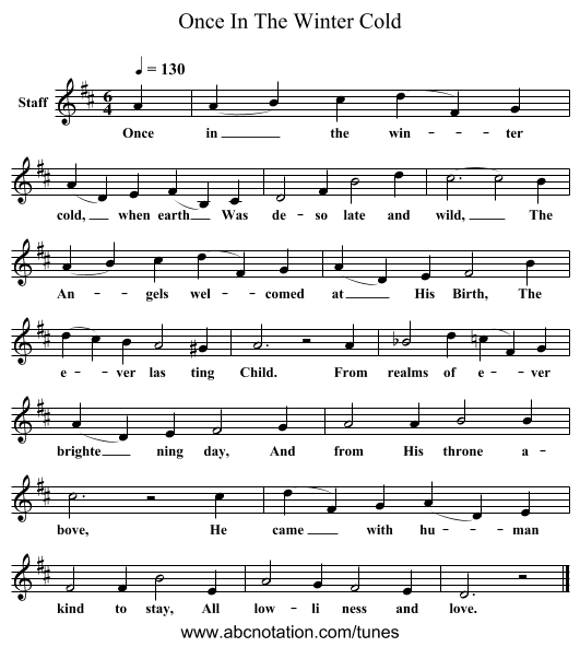 Once In The Winter Cold - staff notation