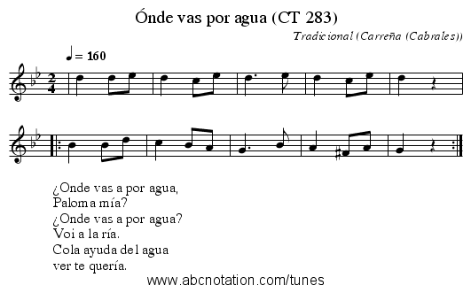 Ónde vas por agua (CT 283) - staff notation