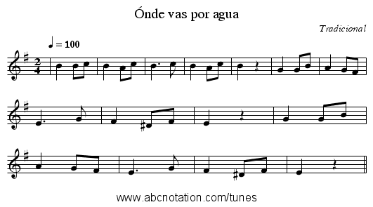 Ónde vas por agua - staff notation