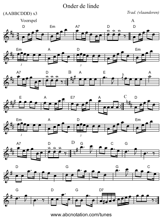 Onder de linde - staff notation