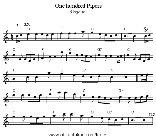 One hundred Pipers - staff notation