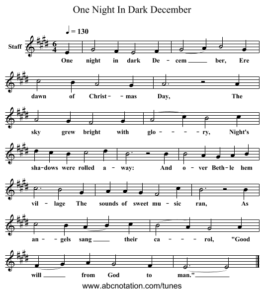 One Night In Dark December - staff notation