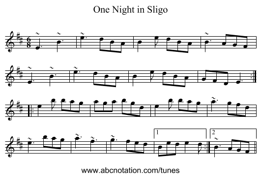 One Night in Sligo - staff notation