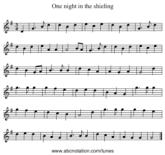 One night in the shieling - staff notation