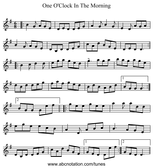 One O'Clock In The Morning - staff notation