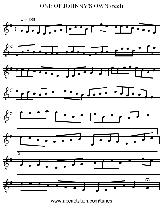 ONE OF JOHNNY'S OWN (reel) - staff notation