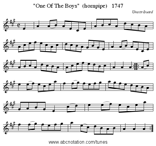 One Of The Boys  (hornpipe)   1747 - staff notation