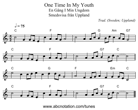 One Time In My Youth - staff notation