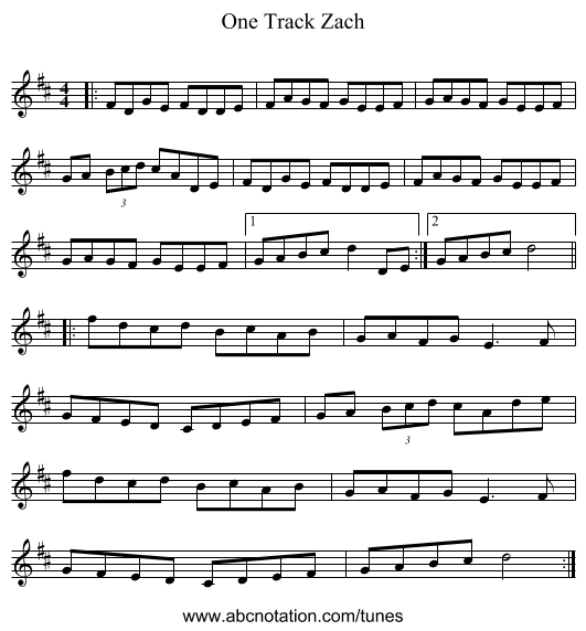 One Track Zach - staff notation