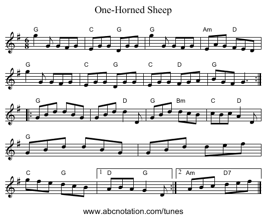 One-Horned Sheep - staff notation