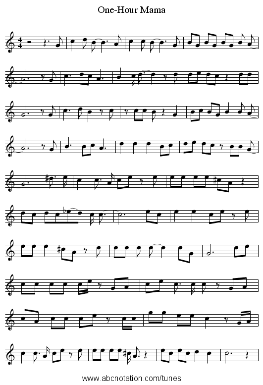 One-Hour Mama - staff notation