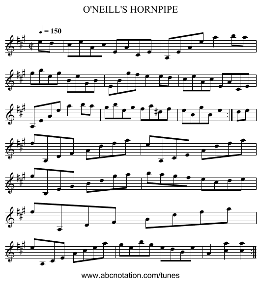 O'NEILL'S HORNPIPE - staff notation