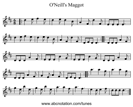 O'Neill's Maggot - staff notation