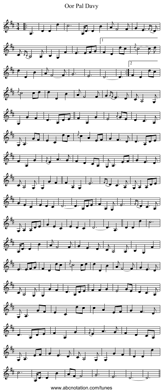 Oor Pal Davy - staff notation