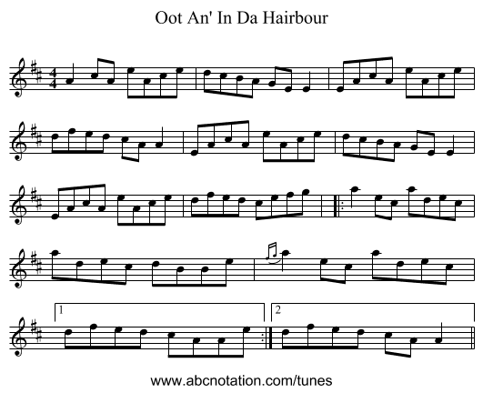 Oot An' In Da Hairbour - staff notation