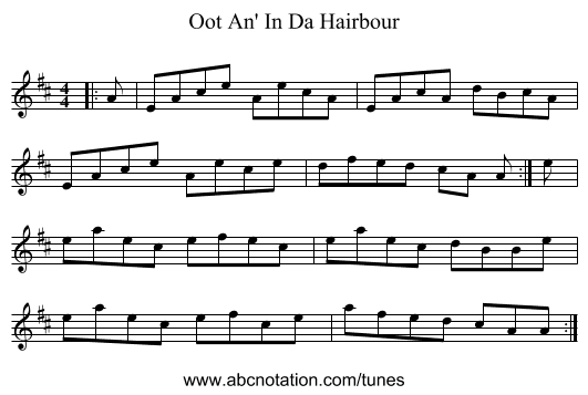 Oot An' In Da Hairbour - staff notation