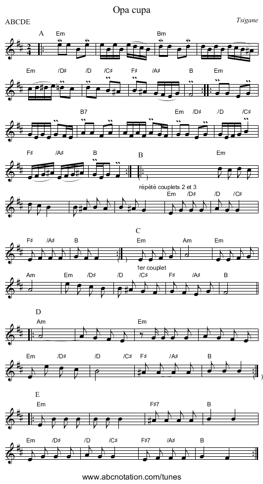 Opa cupa - staff notation